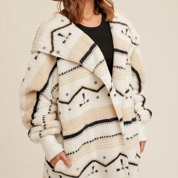 New Cozy Oversized Teddy Hooded Cardigan Sweater Coat / Western Southwest - Picture 4 of 8